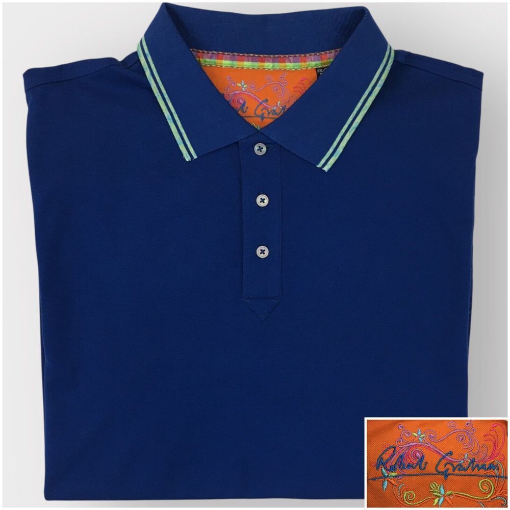 ROBERT GRAHAM Mens Pique Golf‎ Polo Shirt Size 2XL Cotton Casual Blue Paisley